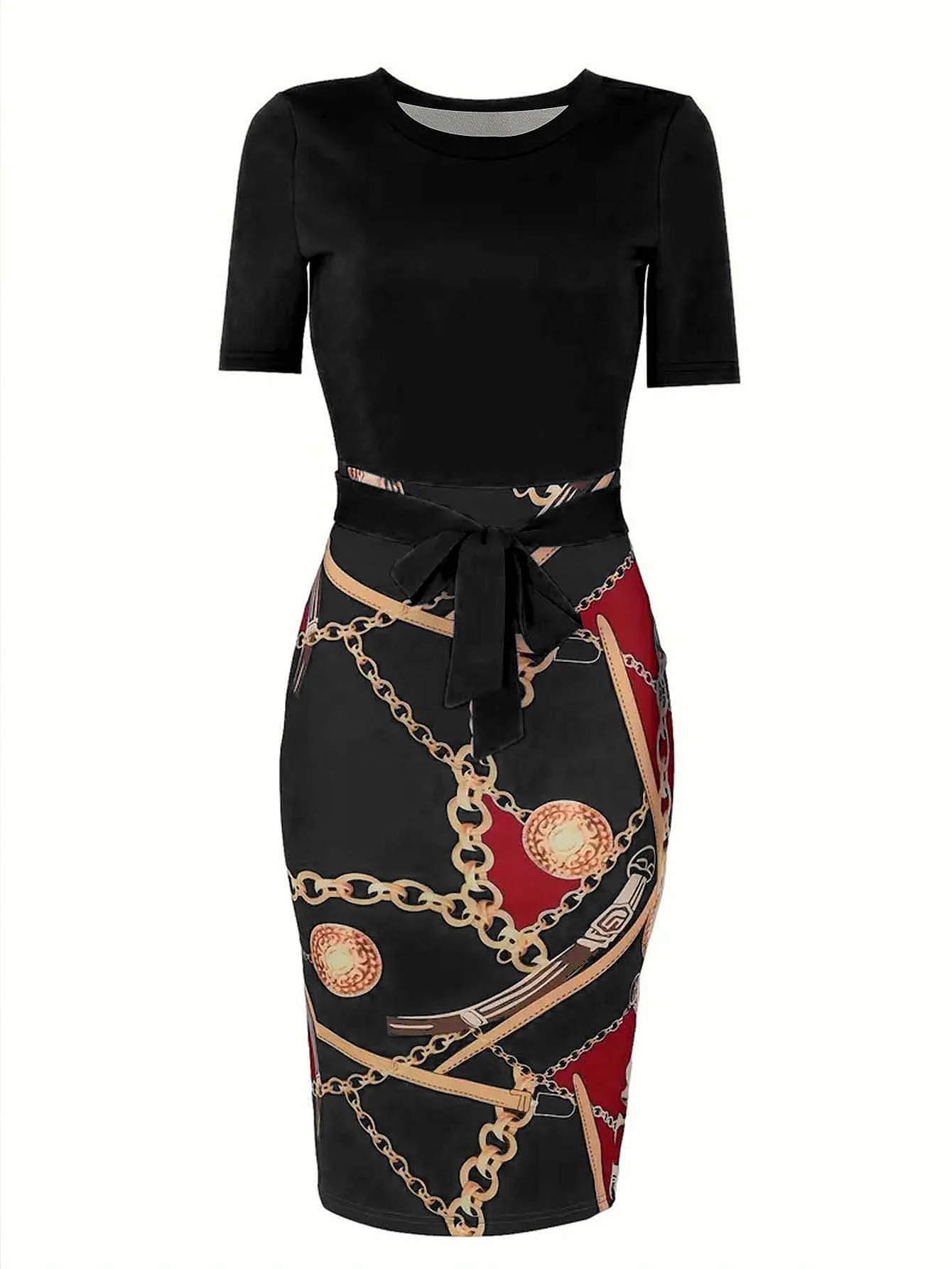 Commuter wrap-around dress, Women's Colorblock Chain Print Short Sleeve Round Neck Slight Stretch Slim Fit Mini Dress With Belt Commuter wrap-around dress, Women's Colorblock Chain Print Short Sleeve Round Neck Slight Stretch Slim Fit Mini Dress With Belt