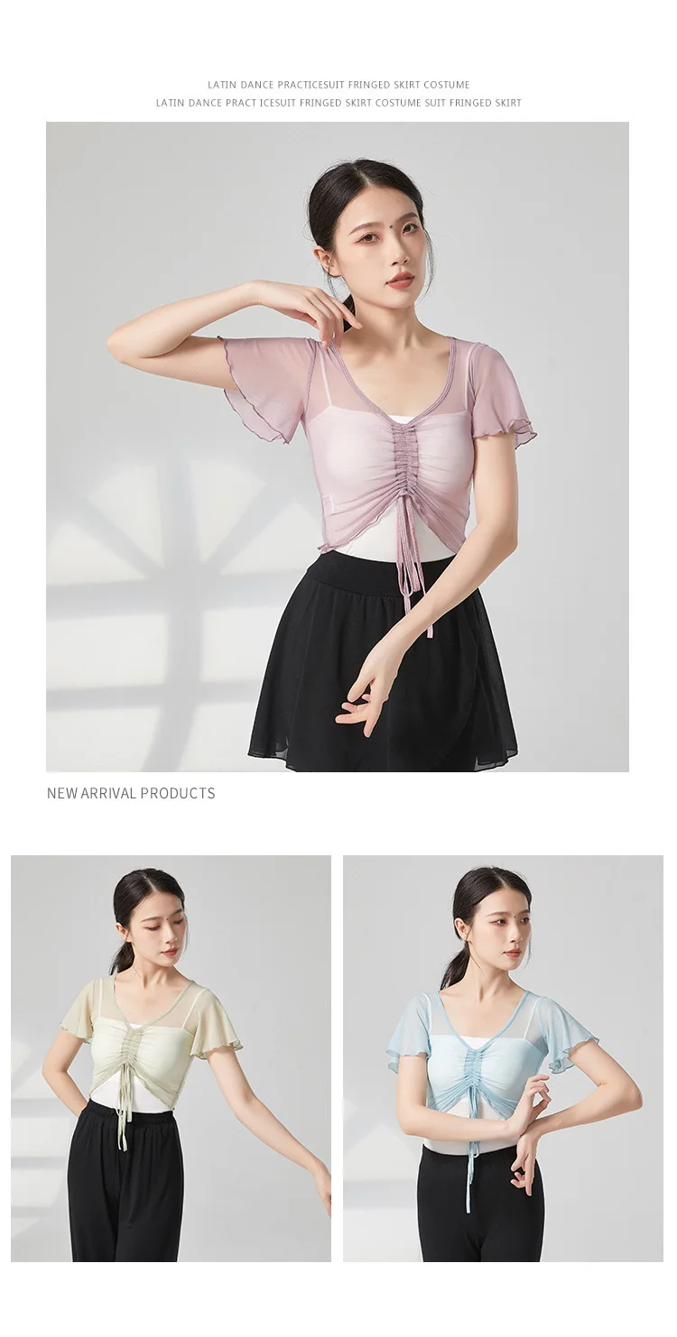 Classical Dance Top Costume For Women Ruffle Short Sleeve Saree Outfit Drawstring Gauze Mesh Performance Ballet Training Clothes