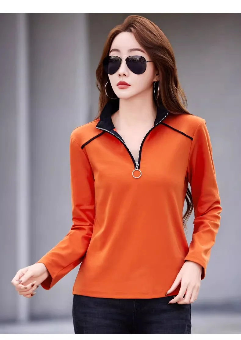 European Station Long sleeved T-shirt Women's Spring and Autumn New High end Light Luxury Zipper Stand up Neck Loose Casual Top