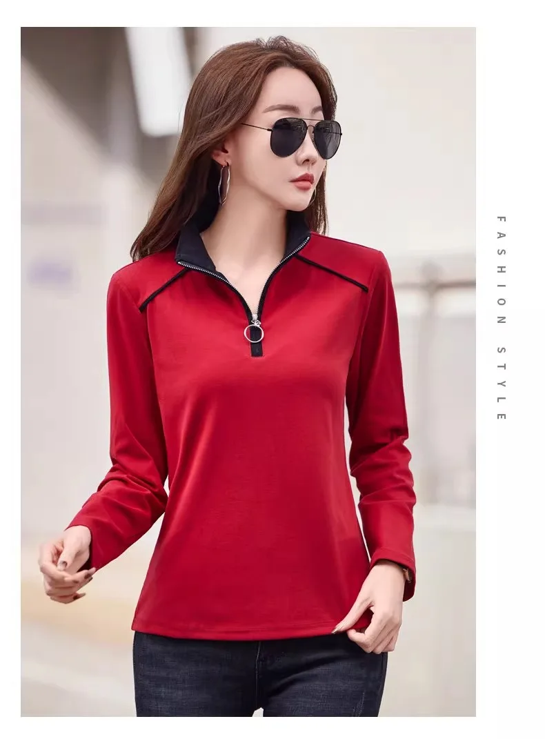 European Station Long sleeved T-shirt Women's Spring and Autumn New High end Light Luxury Zipper Stand up Neck Loose Casual Top