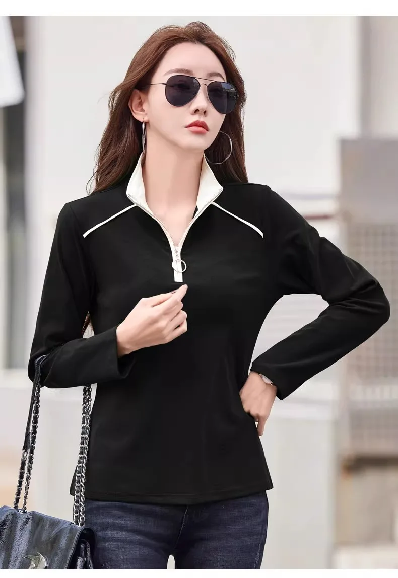 European Station Long sleeved T-shirt Women's Spring and Autumn New High end Light Luxury Zipper Stand up Neck Loose Casual Top