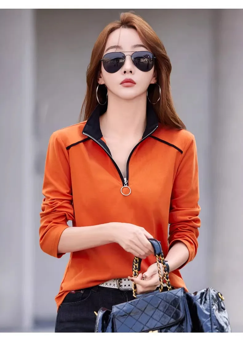 European Station Long sleeved T-shirt Women's Spring and Autumn New High end Light Luxury Zipper Stand up Neck Loose Casual Top