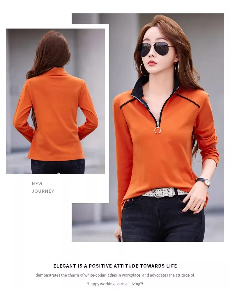 European Station Long sleeved T-shirt Women's Spring and Autumn New High end Light Luxury Zipper Stand up Neck Loose Casual Top