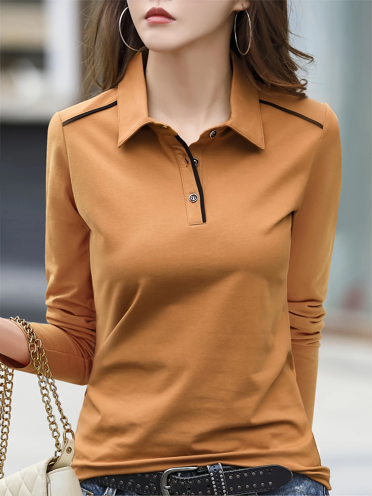 Women's Casual Chic Shirt - Long Sleeve, Button Detail, Semi-Sheer Cotton Blend, Machine Washable - Perfect for Spring & Fall Women's Casual Chic Shirt - Long Sleeve, Button Detail, Semi-Sheer Cotton Blend, Machine Washable - Perfect for Spring & Fall