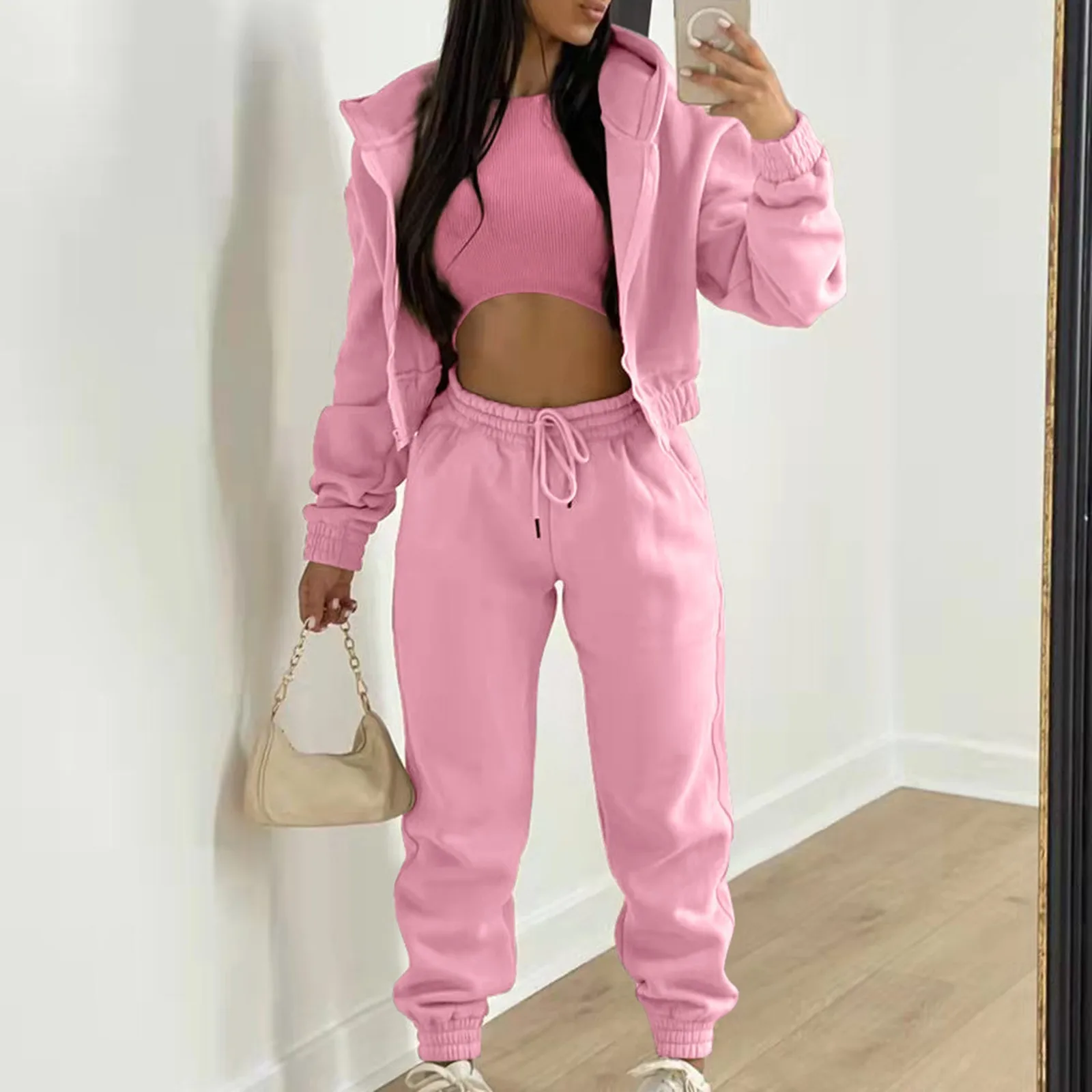 Women's Casual Tracksuit Autumn Winter Top Vest Pant Set Solid Color Zipper Plus Size Sexy Casual Loose Outfits For Women Outfit