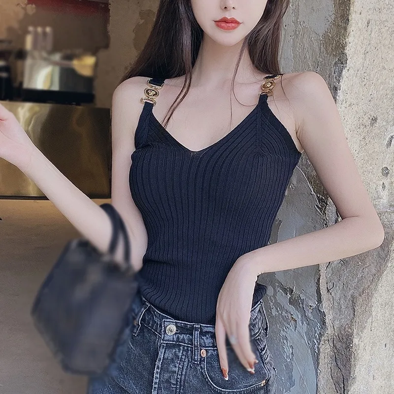 Women Knitted Short Slim Sleeveless Shirt Tank V Neck Halter Tops Knitted Off Shoulder Candy Cute Tops Casual Ribbed Knit Vest