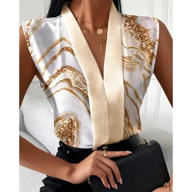 New Women's Office Shirts Summer Lady Sleeveless V-neck Print Elegant Women Blouse Top Streetwear Female Clothing New Women's Office Shirts Summer Lady Sleeveless V-neck Print Elegant Women Blouse Top Streetwear Female Clothing