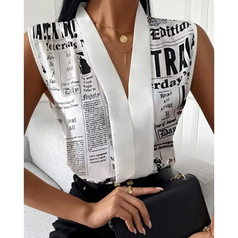 New Women's Office Shirts Summer Lady Sleeveless V-neck Print Elegant Women Blouse Top Streetwear Female Clothing