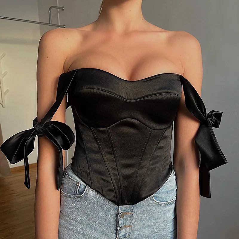 Elegant Satin Women Clothing Sleeveless Backless Bow Tie Crop Tops Boned Corset Tube Sexy Club Party Summer T Shirt