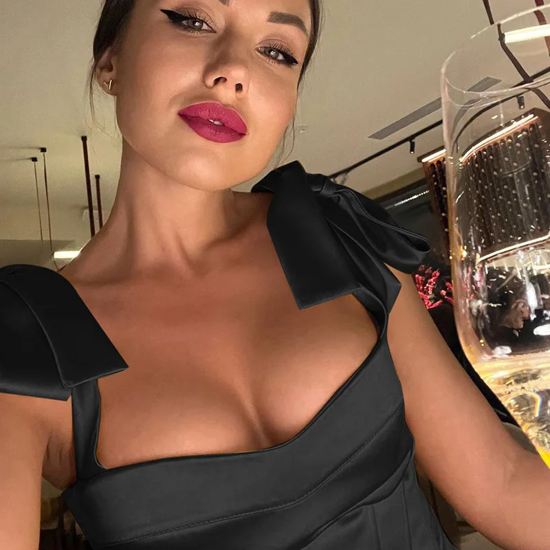Elegant Satin Women Clothing Sleeveless Backless Bow Tie Crop Tops Boned Corset Tube Sexy Club Party Summer T Shirt Elegant Satin Women Clothing Sleeveless Backless Bow Tie Crop Tops Boned Corset Tube Sexy Club Party Summer T Shirt