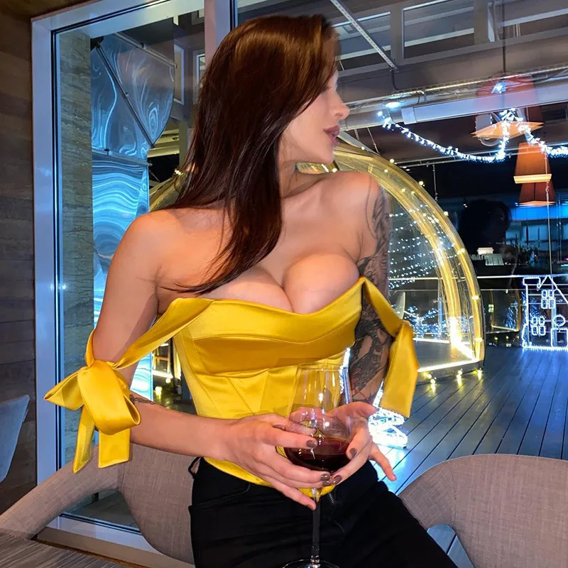 Elegant Satin Women Clothing Sleeveless Backless Bow Tie Crop Tops Boned Corset Tube Sexy Club Party Summer T Shirt Elegant Satin Women Clothing Sleeveless Backless Bow Tie Crop Tops Boned Corset Tube Sexy Club Party Summer T Shirt