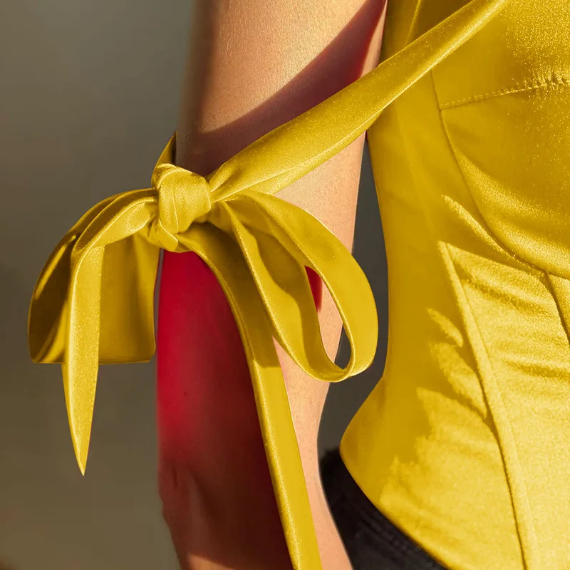 Elegant Satin Women Clothing Sleeveless Backless Bow Tie Crop Tops Boned Corset Tube Sexy Club Party Summer T Shirt Elegant Satin Women Clothing Sleeveless Backless Bow Tie Crop Tops Boned Corset Tube Sexy Club Party Summer T Shirt