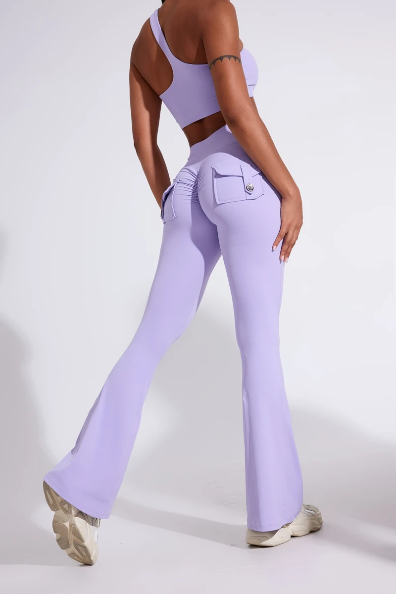DIAS FIT JOY Women's pocket bell bottoms yoga high waisted hip lifting fitness pants quick drying running exercise fitness gym