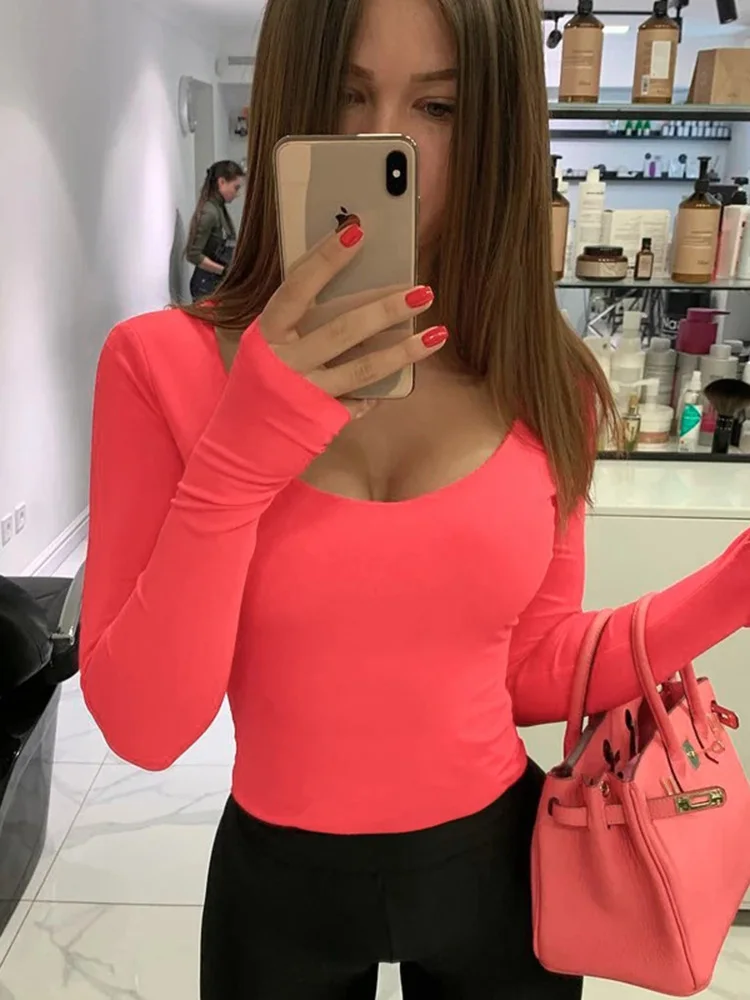 Orange Neon Bodysuit Women Long Sleeve Bodycon Sexy Autumn Winter Streetwear Club Party Outfits Casual Female Clothing