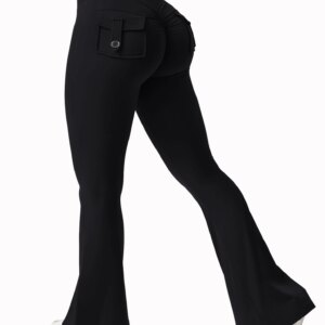 New women's casual flared yoga pants, training flared pants, high waisted work clothes, belt pocket sportswear