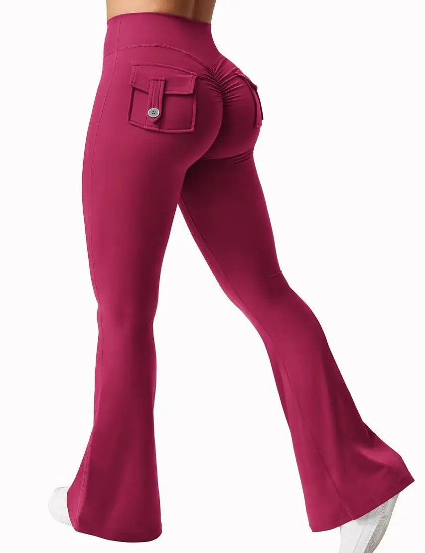 New women's casual flared yoga pants, training flared pants, high waisted work clothes, belt pocket sportswear