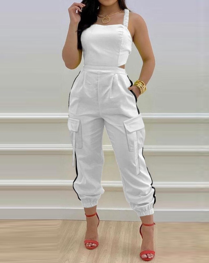 Women's Jumpsuit Fashionable New Contrast Paneled Square Neck Sleeveless Jumpsuit Casual Shirred Pocket Design Cargo Romper