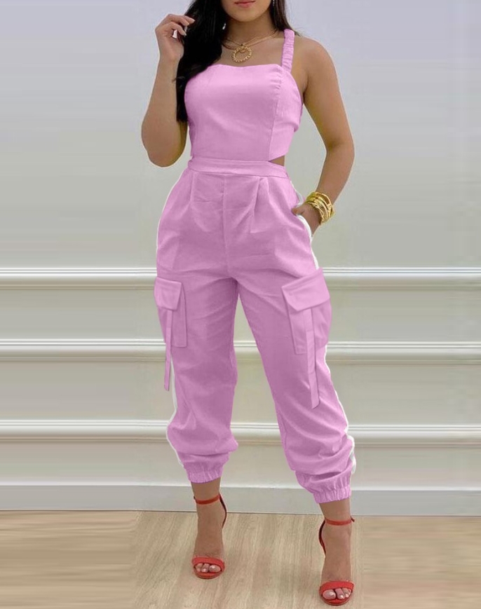 Women's Jumpsuit Fashionable New Contrast Paneled Square Neck Sleeveless Jumpsuit Casual Shirred Pocket Design Cargo Romper
