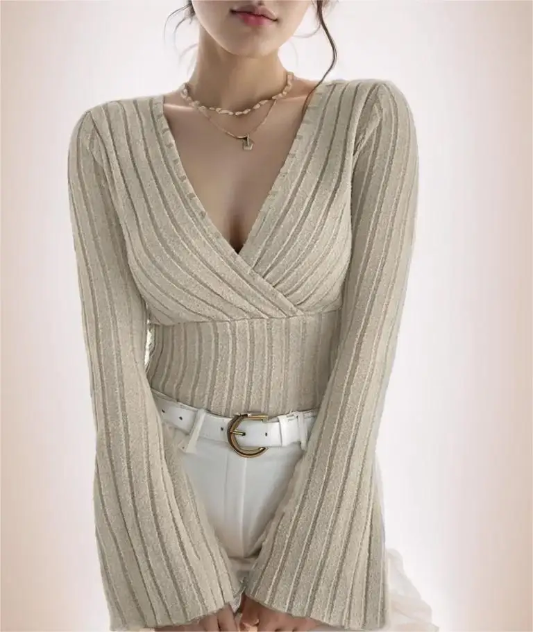 Women's Fall and Winter Long-sleeved Tops, V-neck Sexy Slim Striped Women's Tops, Long-sleeved T-shirt Knitted Bottoming Shirt Women's Fall and Winter Long-sleeved Tops, V-neck Sexy Slim Striped Women's Tops, Long-sleeved T-shirt Knitted Bottoming Shirt