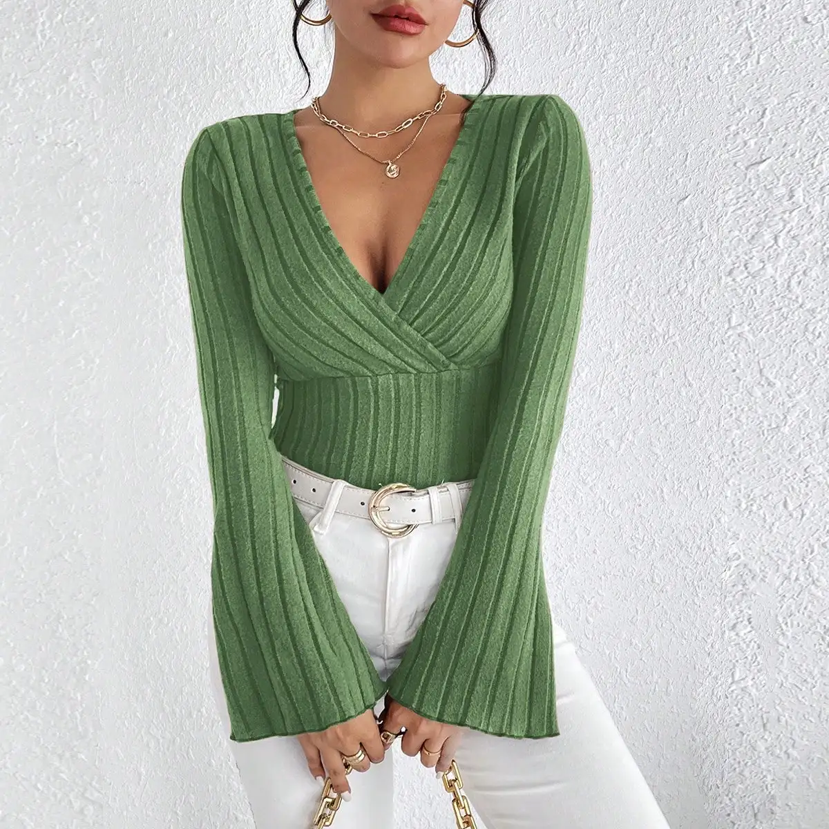 Women's Fall and Winter Long-sleeved Tops, V-neck Sexy Slim Striped Women's Tops, Long-sleeved T-shirt Knitted Bottoming Shirt Women's Fall and Winter Long-sleeved Tops, V-neck Sexy Slim Striped Women's Tops, Long-sleeved T-shirt Knitted Bottoming Shirt
