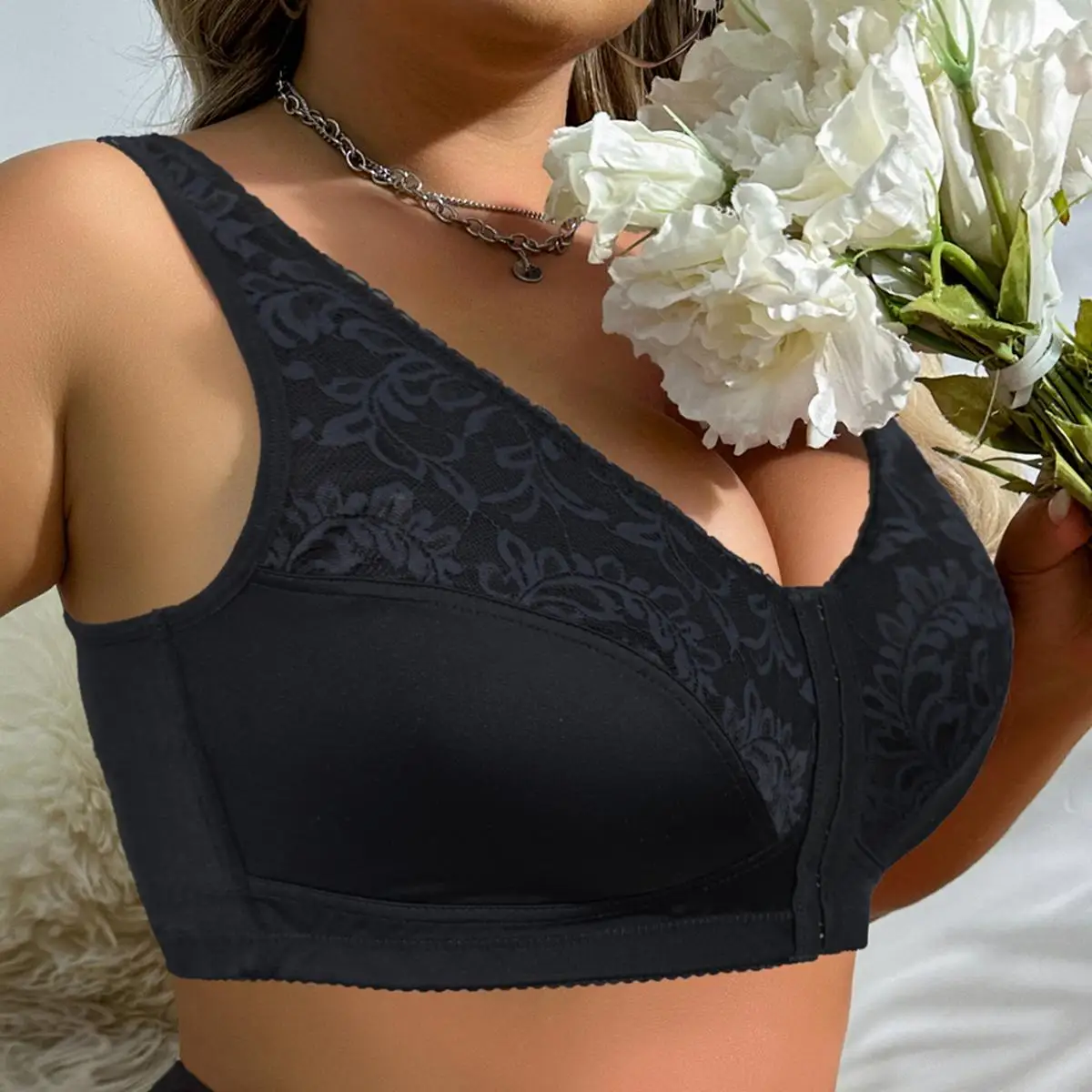 BEAUWEAR 7 Hooks Front Closure Unlined Thin Comfort Bra no Wire Plain Floral Full Cup Minimizer Bralette