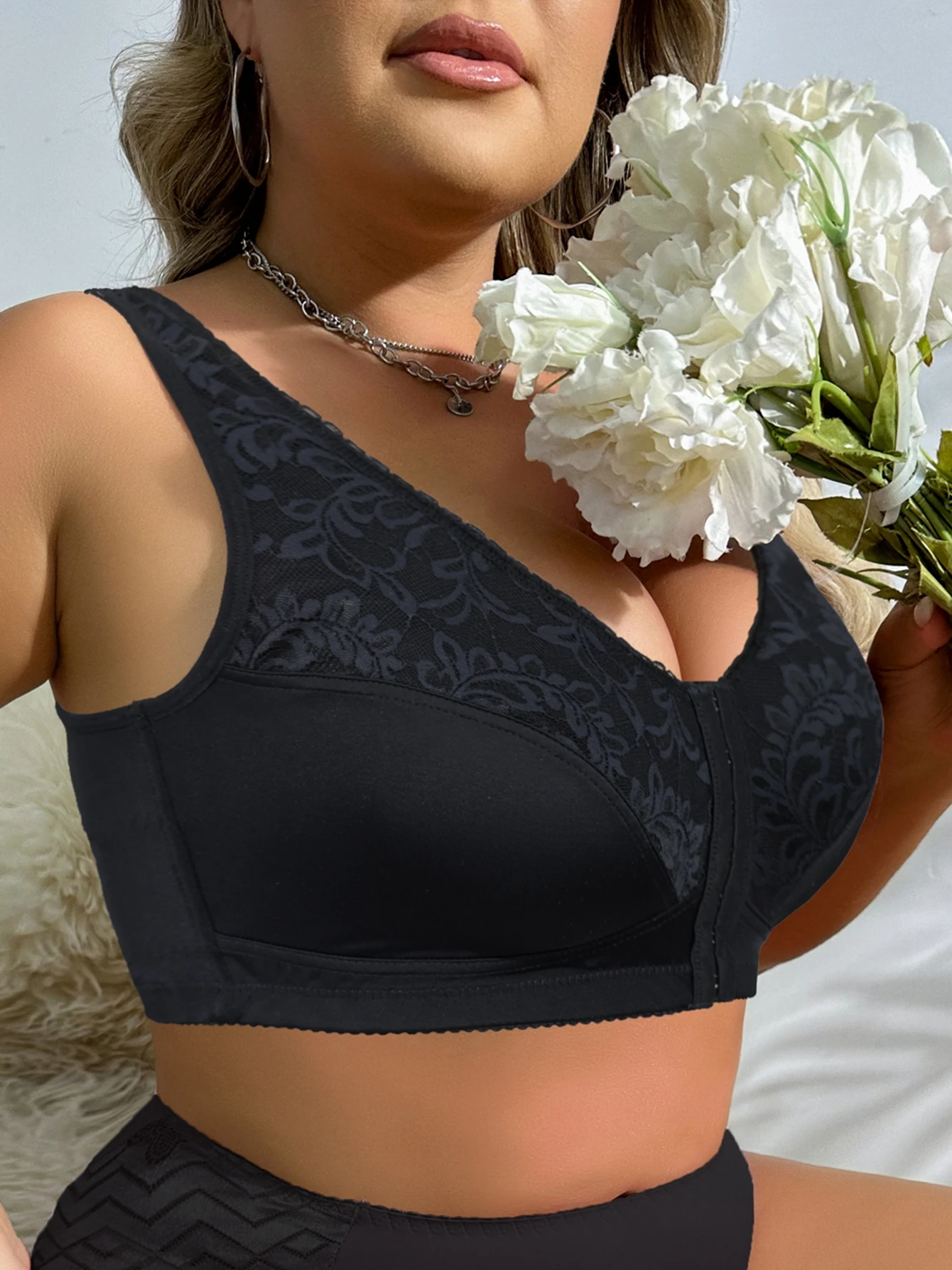 BEAUWEAR 7 Hooks Front Closure Unlined Thin Comfort Bra no Wire Plain Floral Full Cup Minimizer Bralette BEAUWEAR 7 Hooks Front Closure Unlined Thin Comfort Bra no Wire Plain Floral Full Cup Minimizer Bralette