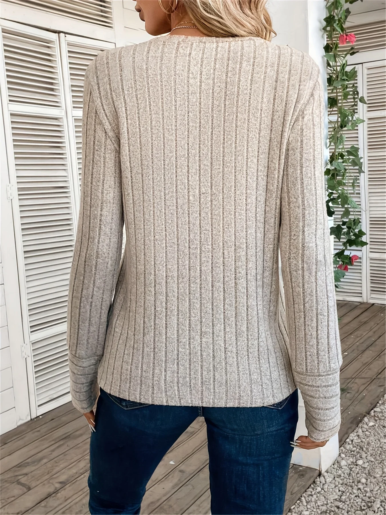 Solid color round neck ribbed t-shirt spring and autumn casual long-sleeved top women's