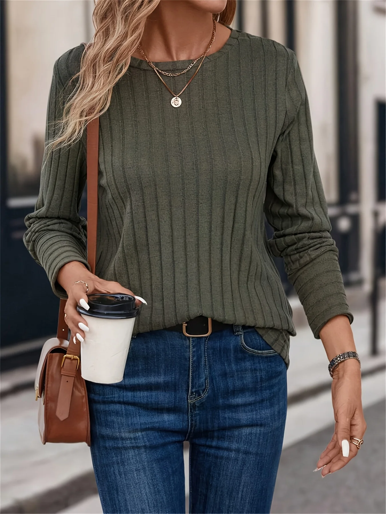 Solid color round neck ribbed t-shirt spring and autumn casual long-sleeved top women's