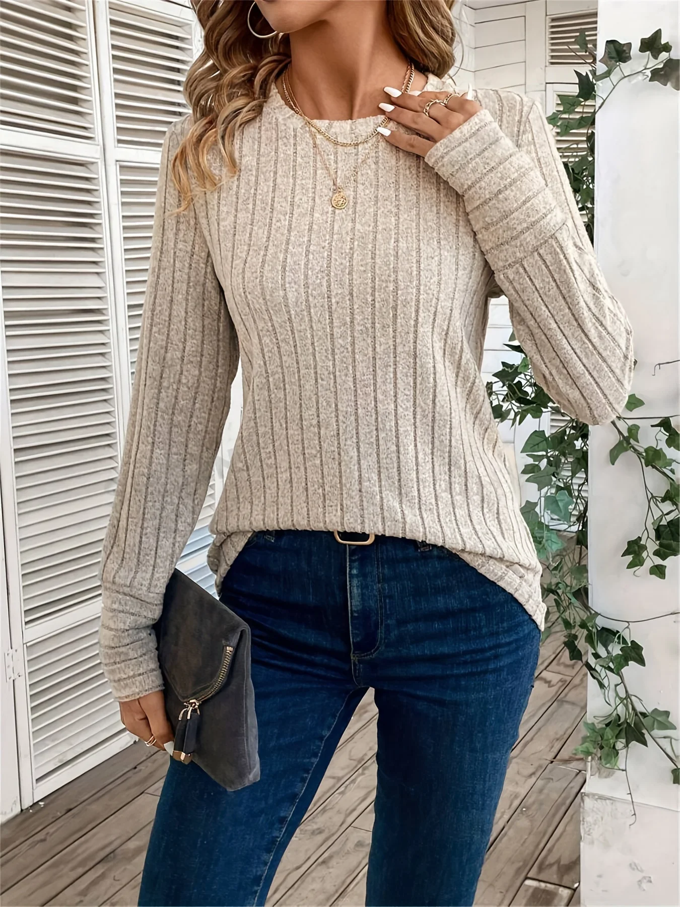 Solid color round neck ribbed t-shirt spring and autumn casual long-sleeved top women's