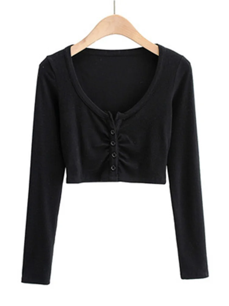 Slim V-neck Long Sleeve Bottomed Womens Tops And Blouses High Street Solid Color Open Navel Cardigan