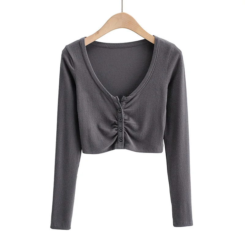 Slim V-neck Long Sleeve Bottomed Womens Tops And Blouses High Street Solid Color Open Navel Cardigan Slim V-neck Long Sleeve Bottomed Womens Tops And Blouses High Street Solid Color Open Navel Cardigan
