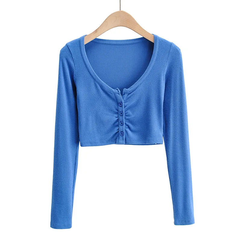 Slim V-neck Long Sleeve Bottomed Womens Tops And Blouses High Street Solid Color Open Navel Cardigan Slim V-neck Long Sleeve Bottomed Womens Tops And Blouses High Street Solid Color Open Navel Cardigan