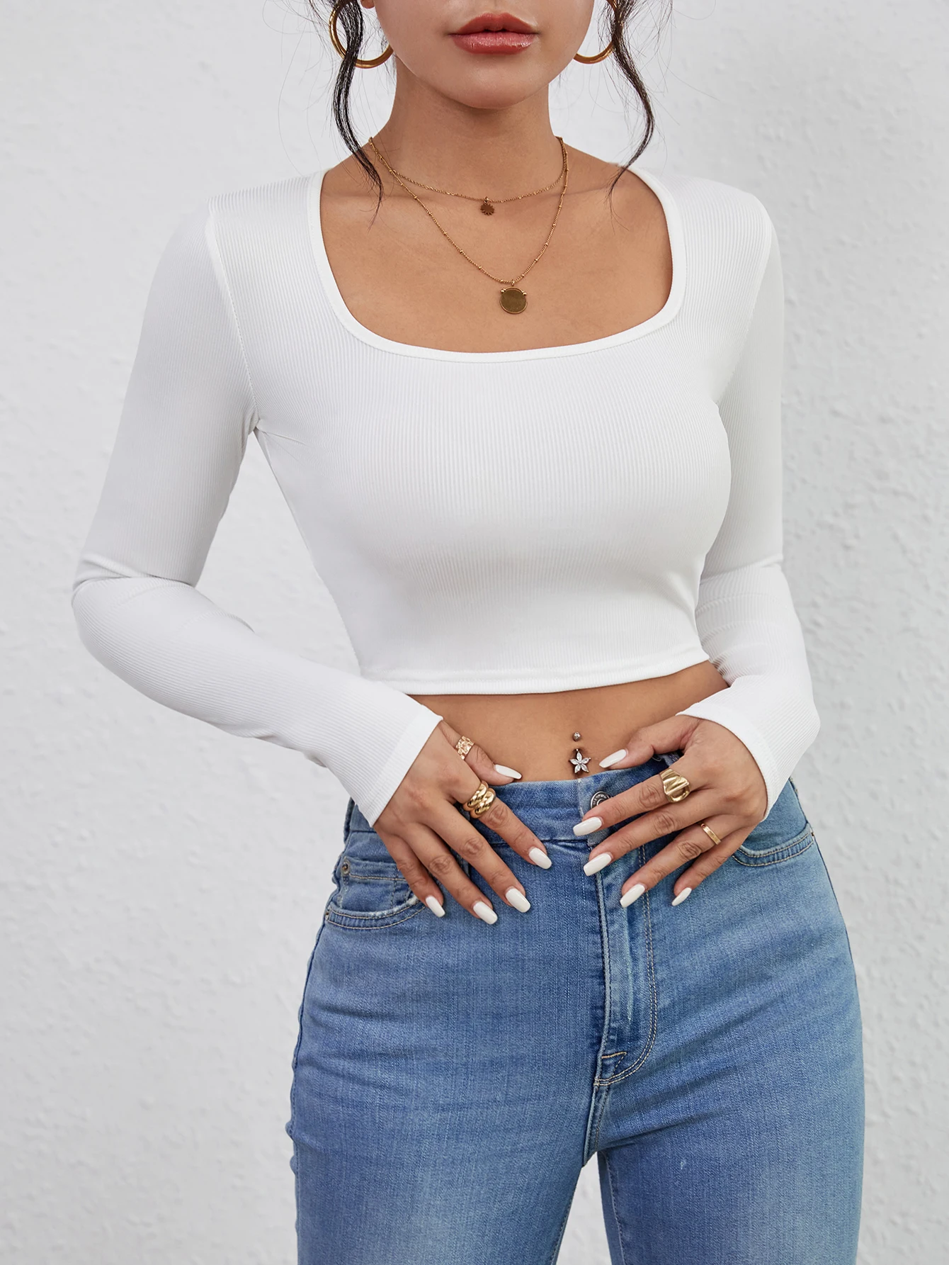 Squared Neck Cropped T-shirt, Casual Long Sleeve Solid T-shirt, Women's Clothing Squared Neck Cropped T-shirt, Casual Long Sleeve Solid T-shirt, Women's Clothing