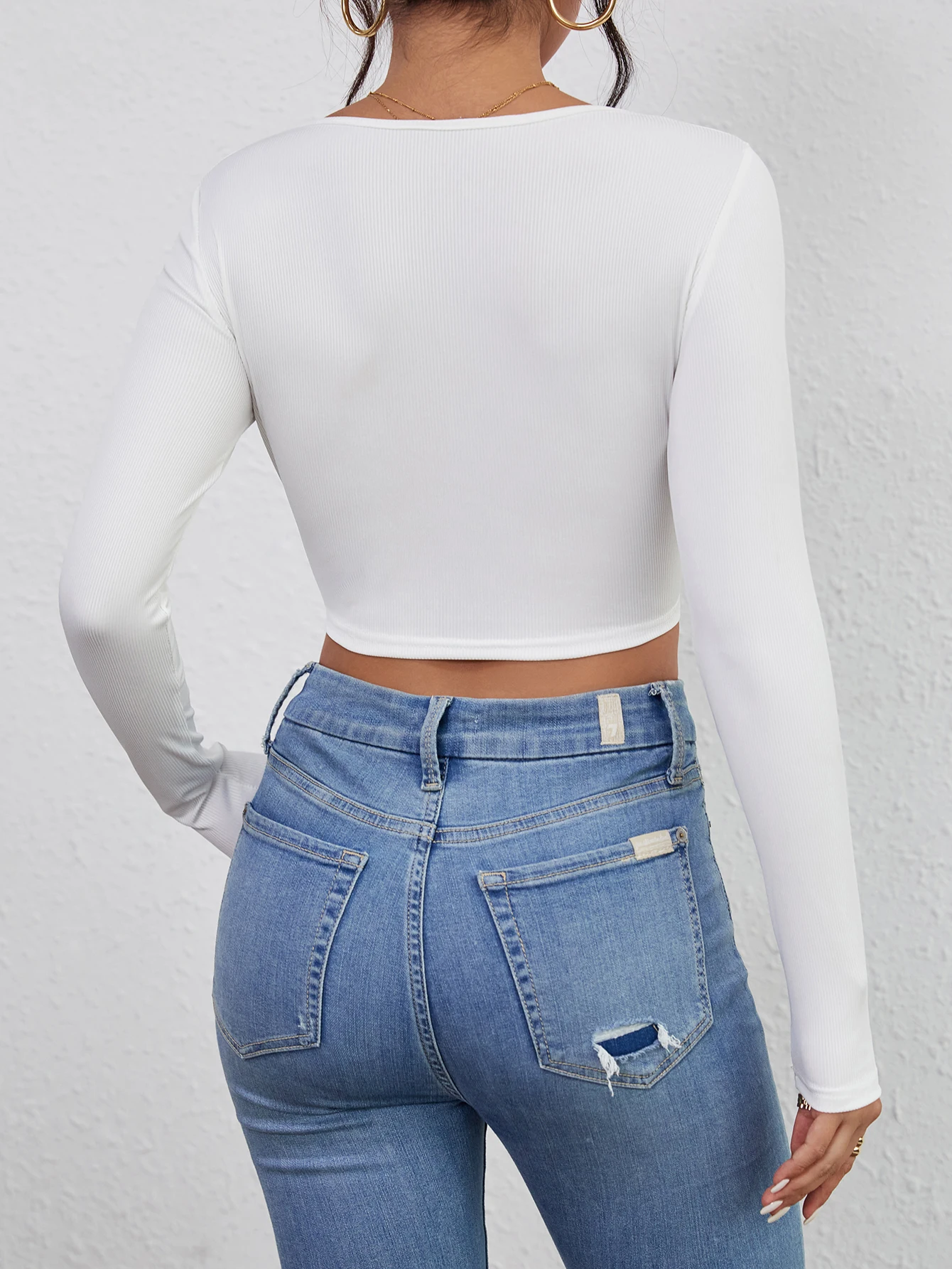 Squared Neck Cropped T-shirt, Casual Long Sleeve Solid T-shirt, Women's Clothing Squared Neck Cropped T-shirt, Casual Long Sleeve Solid T-shirt, Women's Clothing