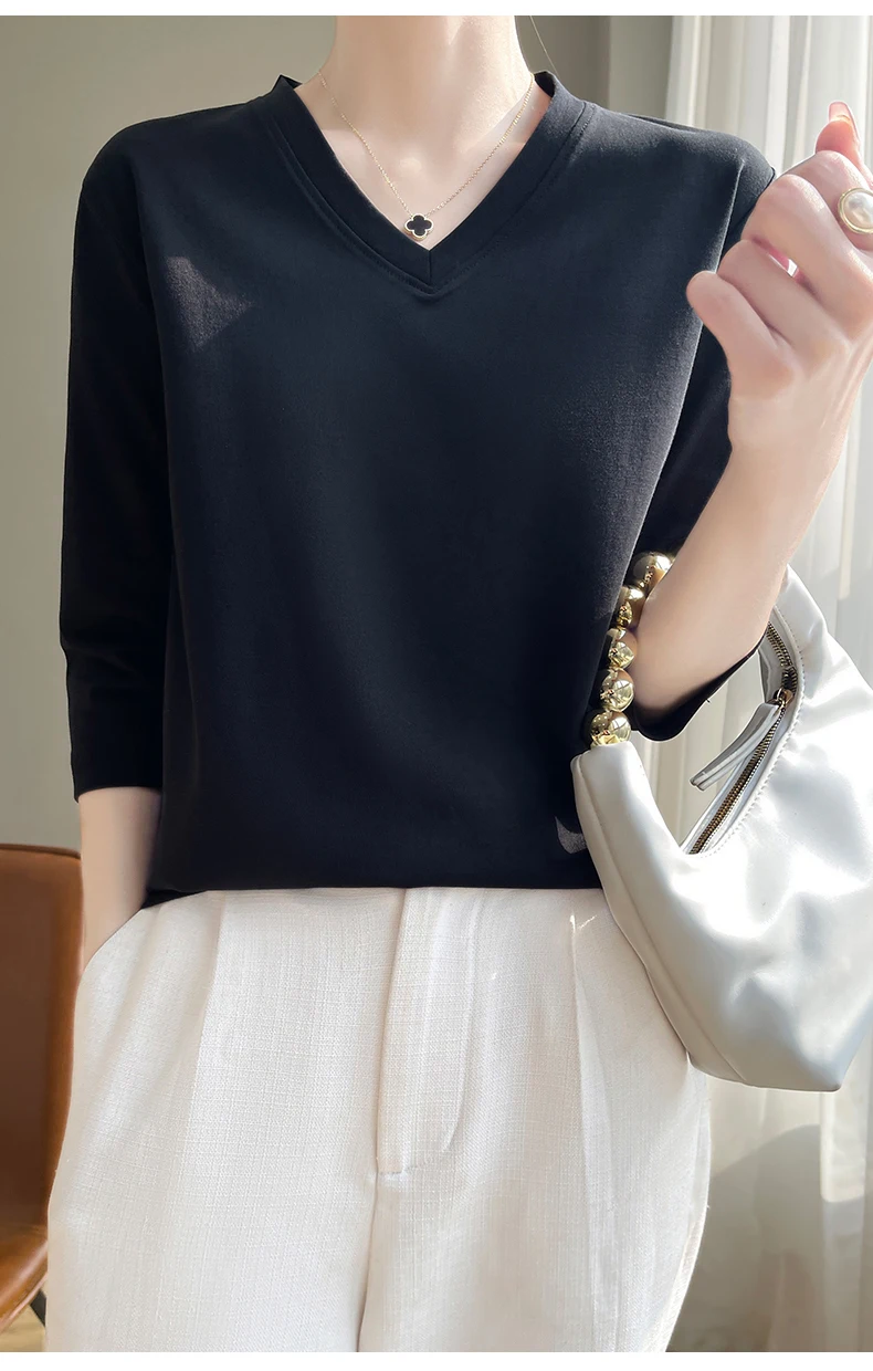 Spring And Summer New White Mercerized Cotton Cropped Sleeve T-shirt Feminine Joker 100% Cotton Bottoming Shirt Half Sleeve