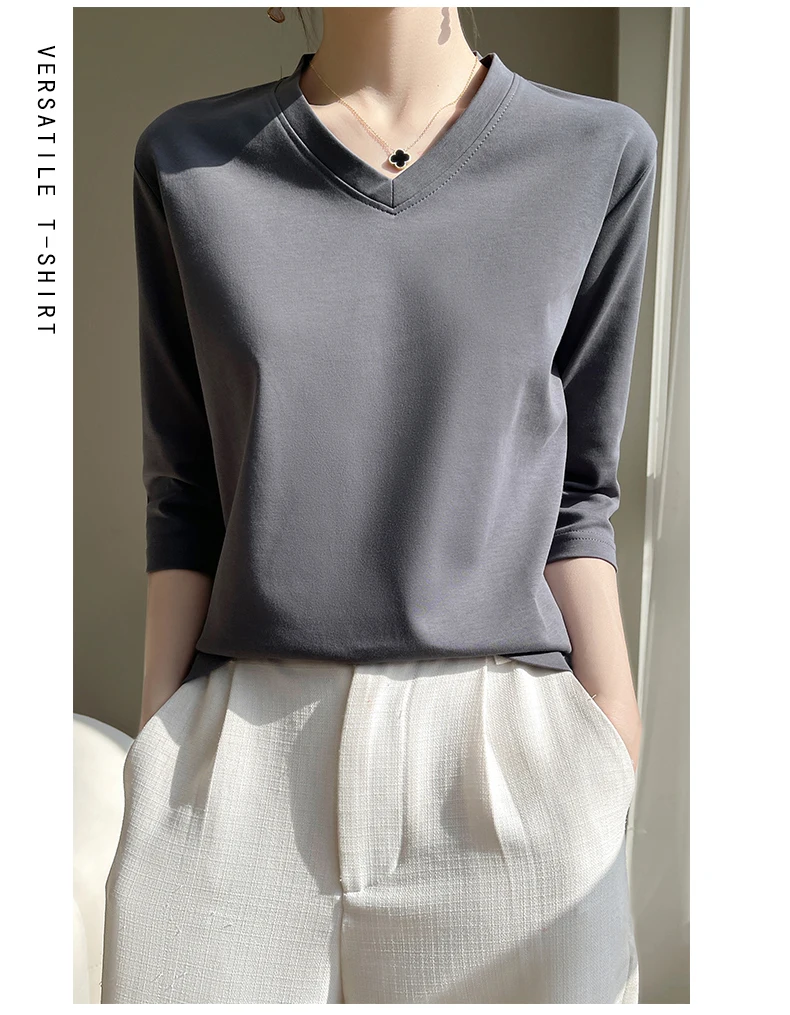 Spring And Summer New White Mercerized Cotton Cropped Sleeve T-shirt Feminine Joker 100% Cotton Bottoming Shirt Half Sleeve