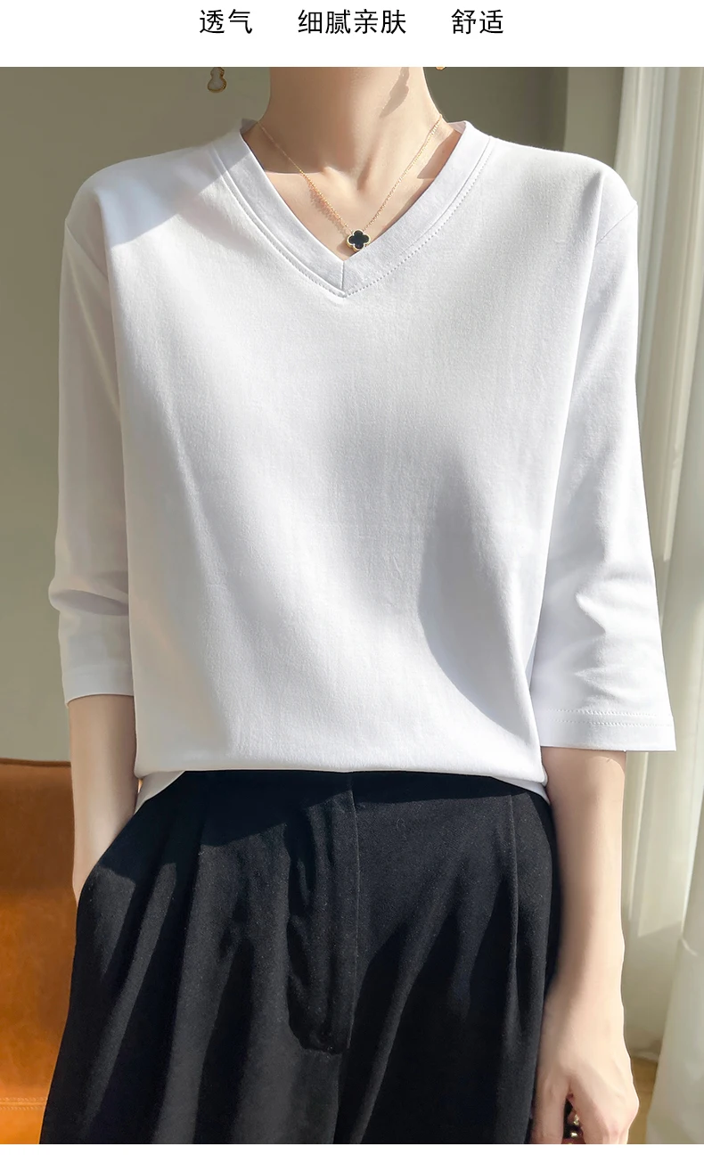 Spring And Summer New White Mercerized Cotton Cropped Sleeve T-shirt Feminine Joker 100% Cotton Bottoming Shirt Half Sleeve