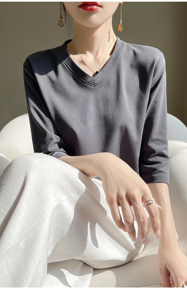 Spring And Summer New White Mercerized Cotton Cropped Sleeve T-shirt Feminine Joker 100% Cotton Bottoming Shirt Half Sleeve