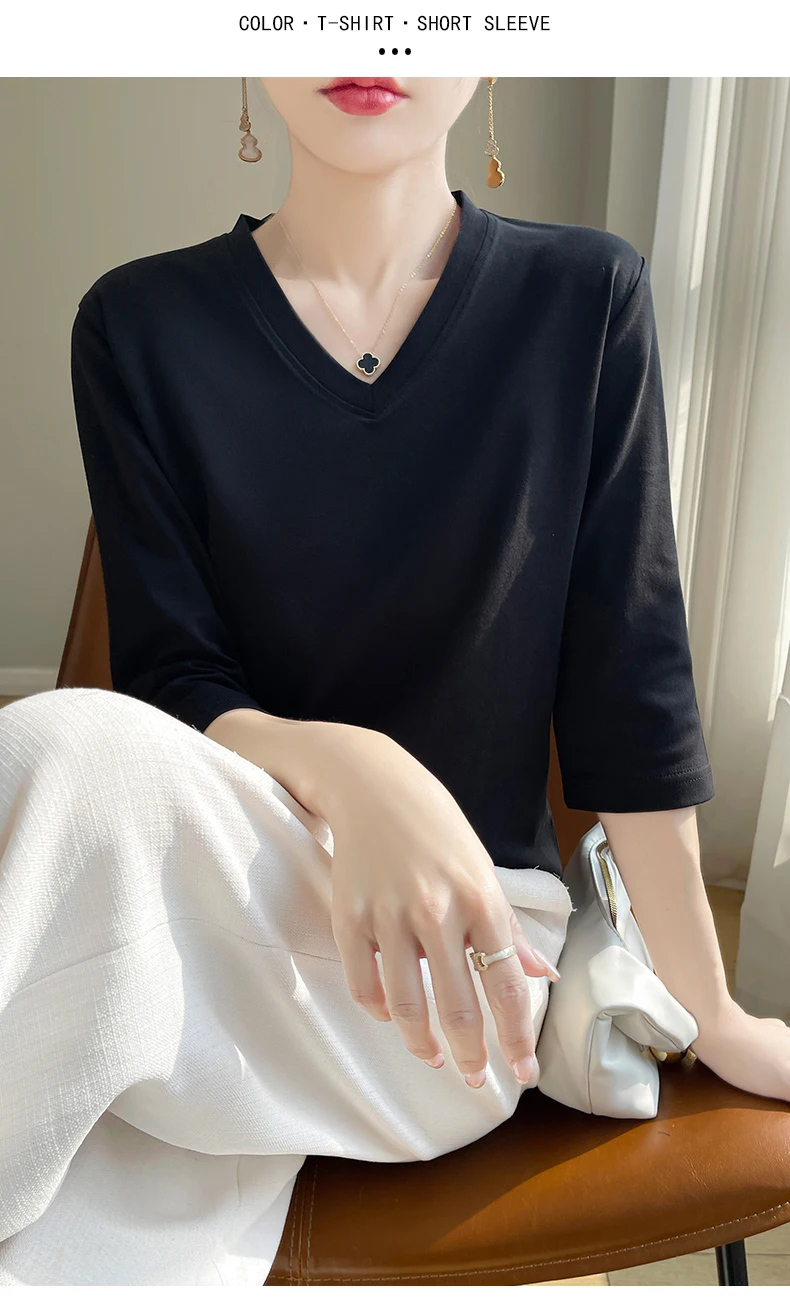 Spring And Summer New White Mercerized Cotton Cropped Sleeve T-shirt Feminine Joker 100% Cotton Bottoming Shirt Half Sleeve
