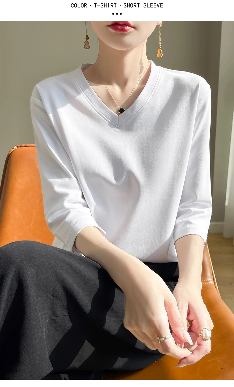 Spring And Summer New White Mercerized Cotton Cropped Sleeve T-shirt Feminine Joker 100% Cotton Bottoming Shirt Half Sleeve