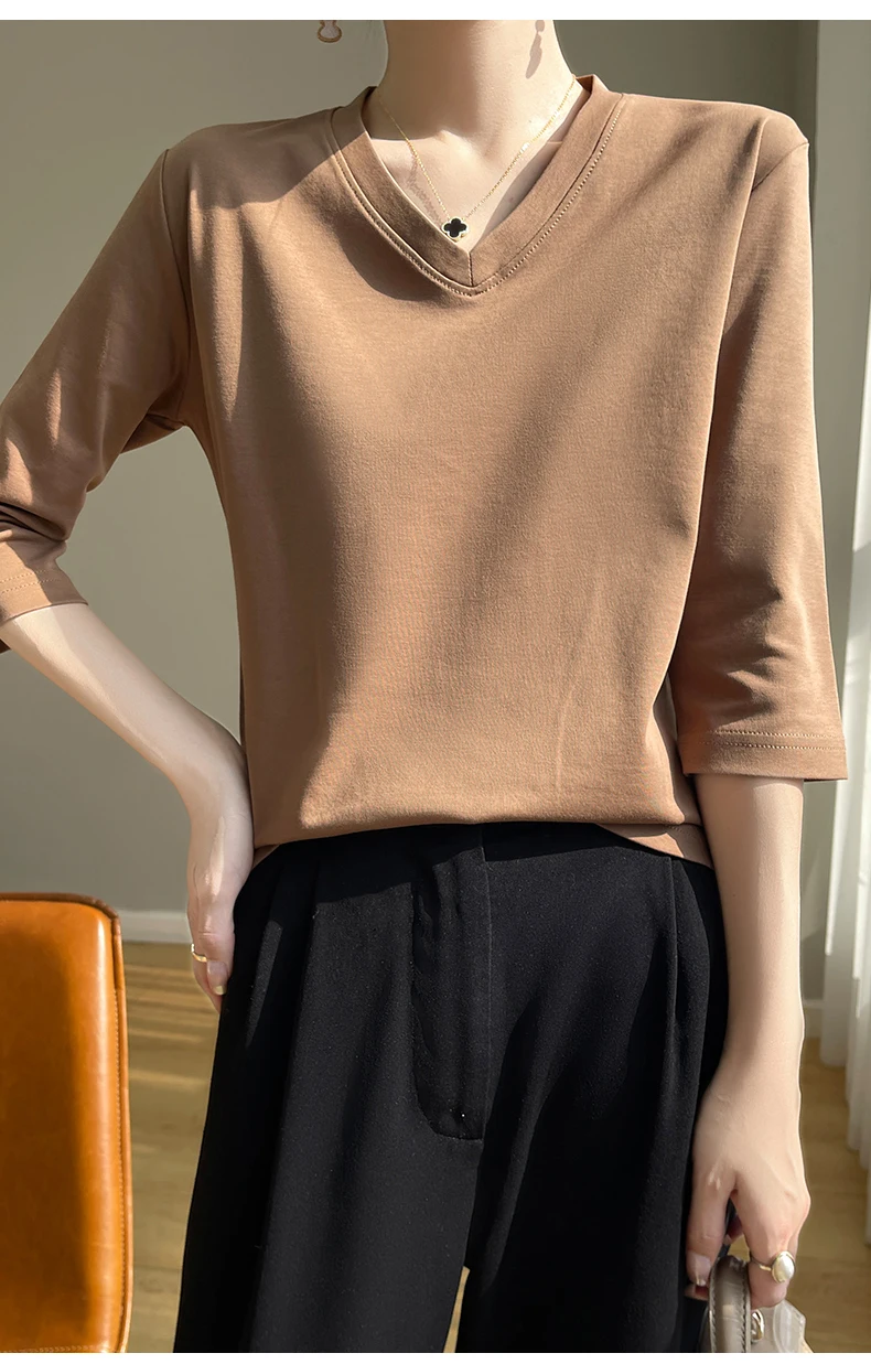Spring And Summer New White Mercerized Cotton Cropped Sleeve T-shirt Feminine Joker 100% Cotton Bottoming Shirt Half Sleeve