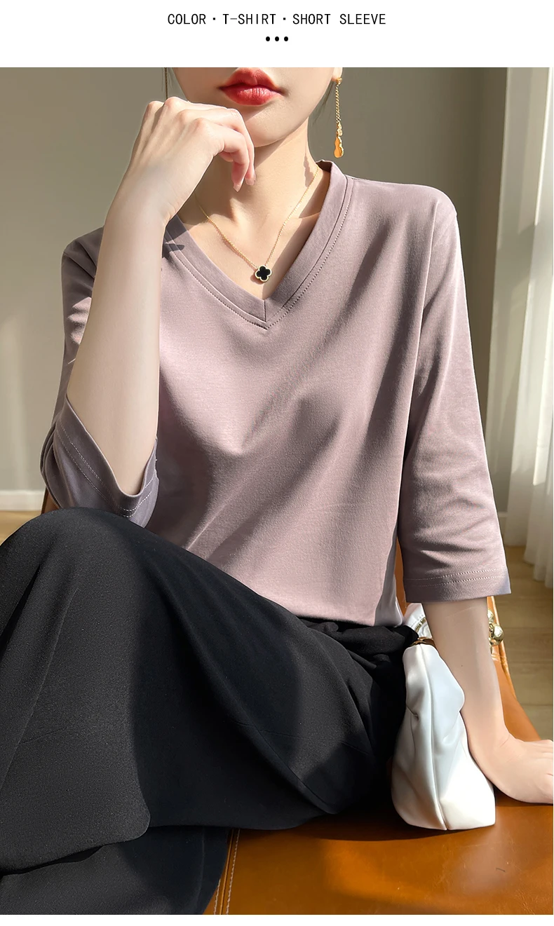 Spring And Summer New White Mercerized Cotton Cropped Sleeve T-shirt Feminine Joker 100% Cotton Bottoming Shirt Half Sleeve