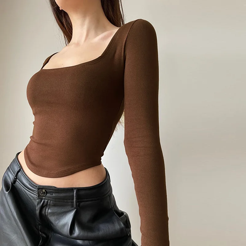 Square Collar Long Sleeve Casual Women T Shirts Green Autumn Skinny Sexy Solid Basic Crop Tops Fashion Streetwear