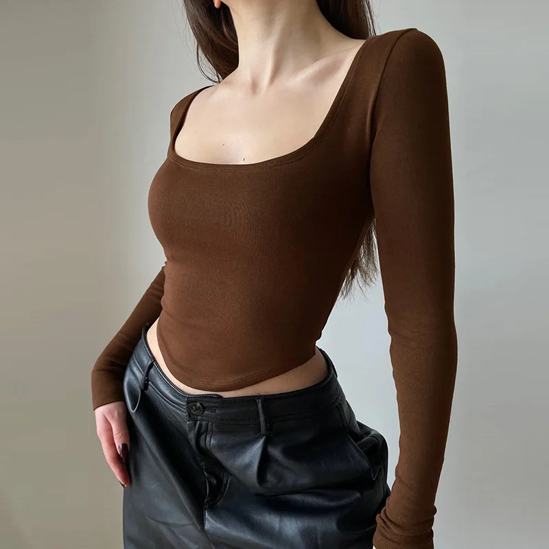 Square Collar Long Sleeve Casual Women T Shirts Green Autumn Skinny Sexy Solid Basic Crop Tops Fashion Streetwear