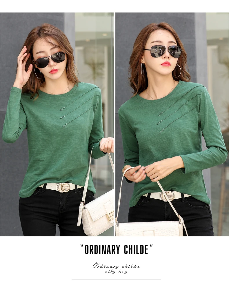 AOSSVIAO Summer Women Ribbed Cotton Tee-Shirts Female Button Loose Casual Fashion T-shirts 2025 Long Sleeve O-Neck Korea Tops AOSSVIAO Summer Women Ribbed Cotton Tee-Shirts Female Button Loose Casual Fashion T-shirts 2025 Long Sleeve O-Neck Korea Tops