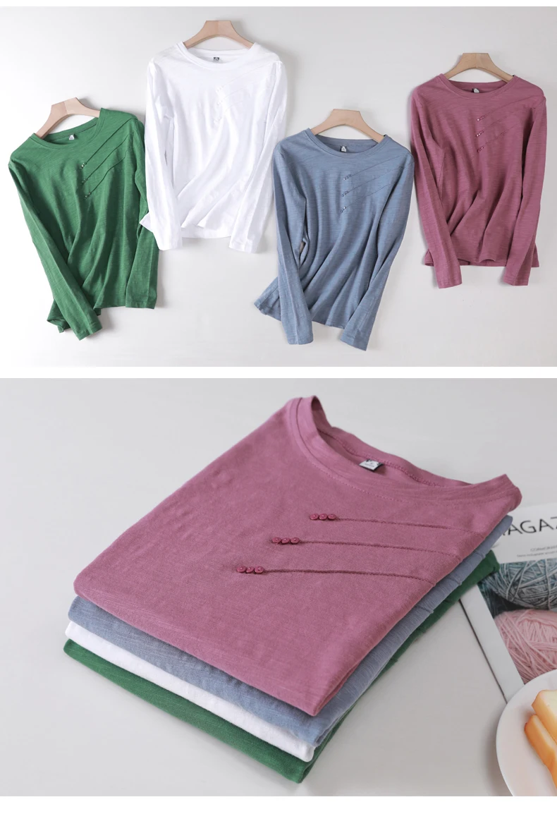 AOSSVIAO Summer Women Ribbed Cotton Tee-Shirts Female Button Loose Casual Fashion T-shirts 2025 Long Sleeve O-Neck Korea Tops AOSSVIAO Summer Women Ribbed Cotton Tee-Shirts Female Button Loose Casual Fashion T-shirts 2025 Long Sleeve O-Neck Korea Tops