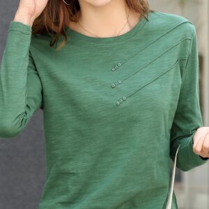 AOSSVIAO Summer Women Ribbed Cotton Tee-Shirts Female Button Loose Casual Fashion T-shirts 2025 Long Sleeve O-Neck Korea Tops