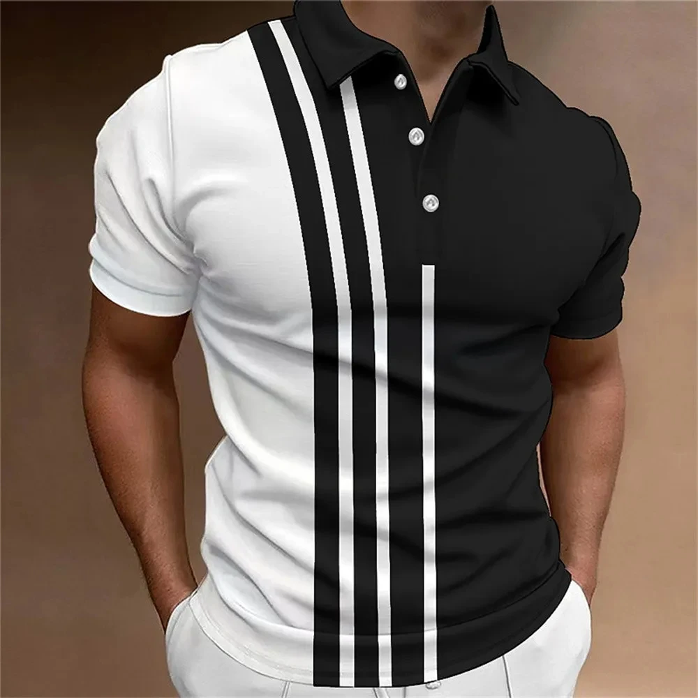 Best-selling Men's Button Polo Shirt Collar Short-sleeved Pullover Sports Summer Casual Button Striped Collar Trend T-shirt Tops