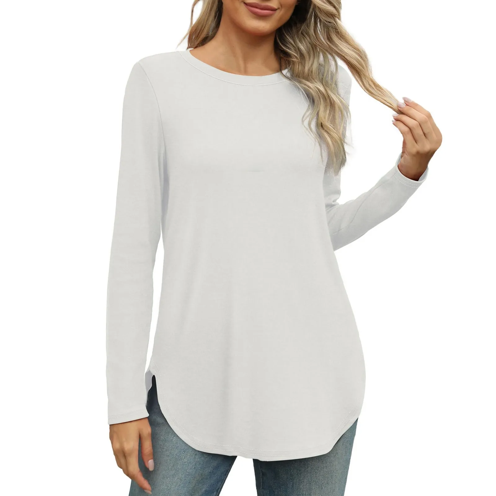 Traf 2024 Mujer Womens Long Sleeve Round Neck Shirts Side Split Basic Loose Tunic Tops Casual Shirts Ropa De Mujer Fashion