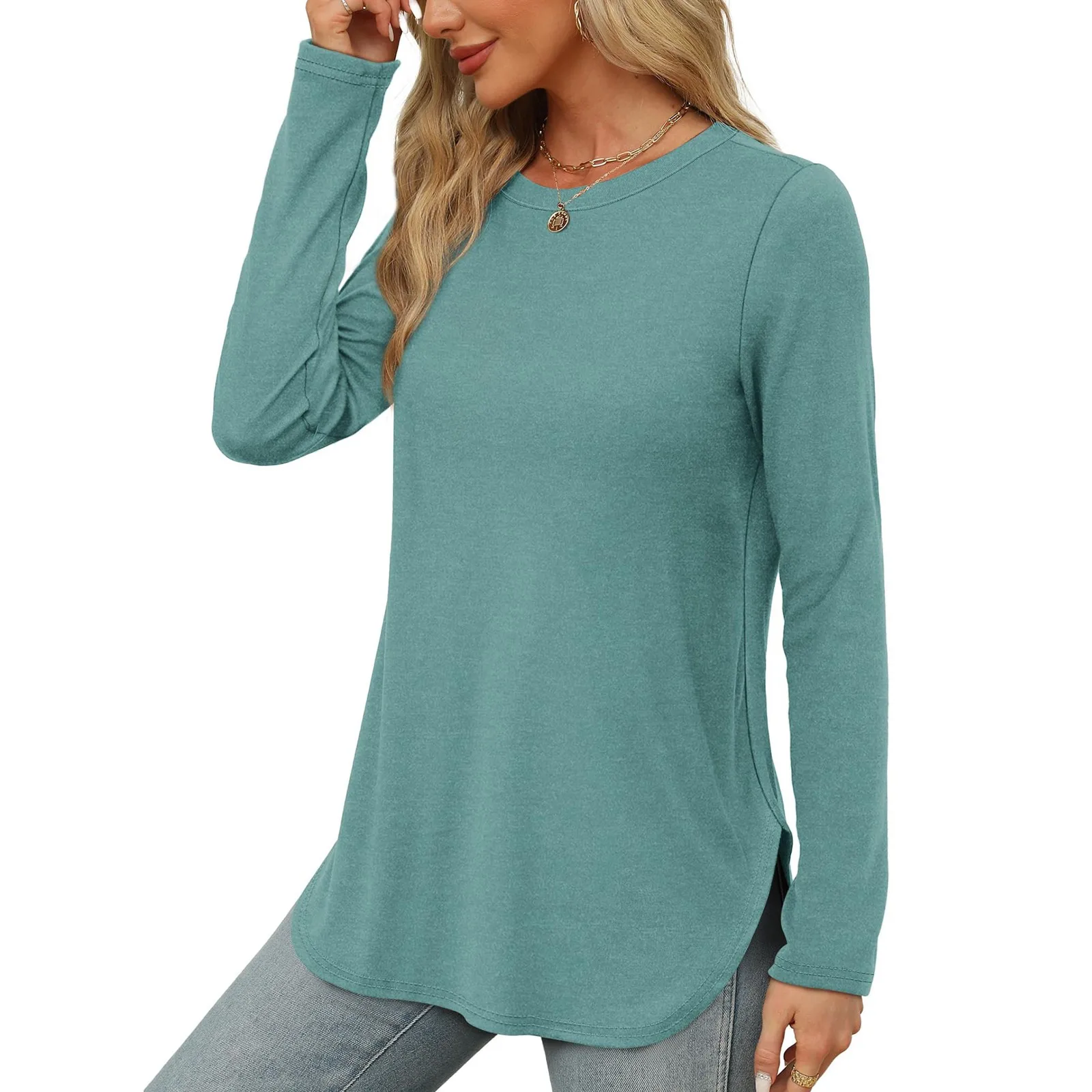 Traf 2024 Mujer Womens Long Sleeve Round Neck Shirts Side Split Basic Loose Tunic Tops Casual Shirts Ropa De Mujer Fashion